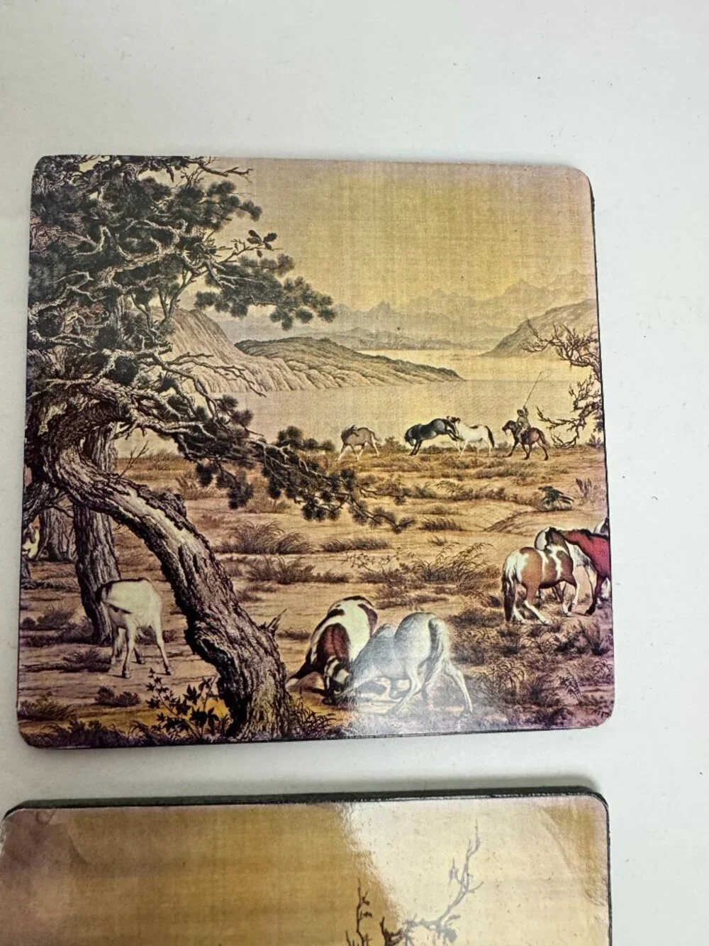 Vintage Set of 6 Decorative Coasters Asian - Inspired Pastoral Landscape Horses